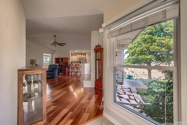 hall featuring vaulted ceiling, wood finished floors, and a healthy amount of sunlight