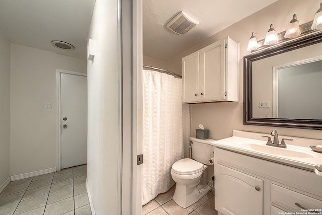 full bathroom featuring visible vents, toilet, vanity, tile patterned flooring, and baseboards