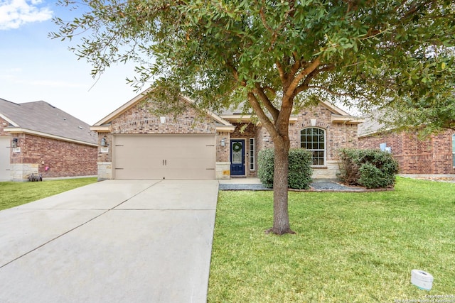 ranch-style house featuring concrete driveway, brick siding, a front lawn, and an attached garage