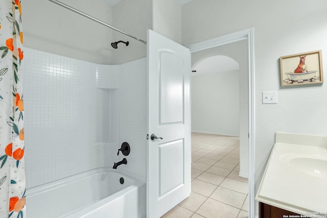 full bathroom featuring shower / tub combo, tile patterned flooring, and vanity