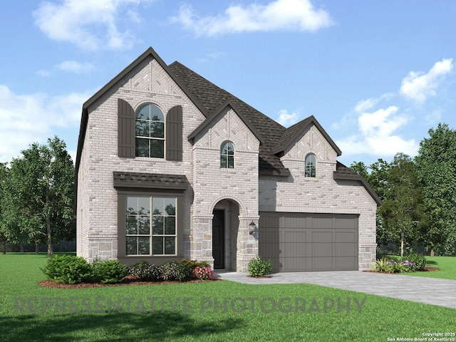 french provincial home featuring brick siding, roof with shingles, a garage, driveway, and a front lawn