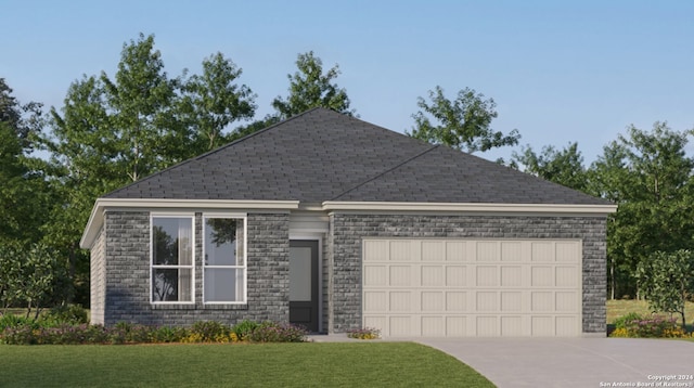 ranch-style house featuring a garage, a front yard, concrete driveway, and roof with shingles