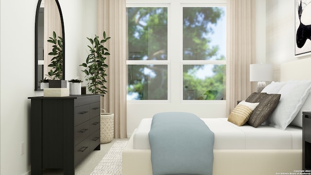 bedroom with light colored carpet