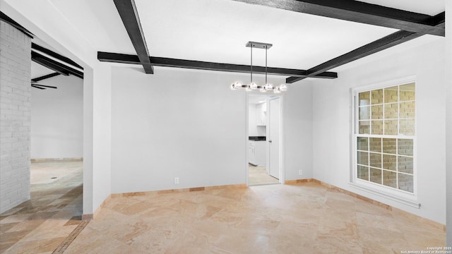 unfurnished dining area with beamed ceiling, baseboards, and an inviting chandelier