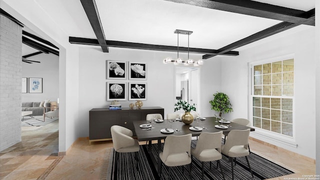 dining space with a chandelier and beamed ceiling