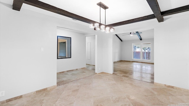 unfurnished dining area featuring ceiling fan, baseboards, and beamed ceiling