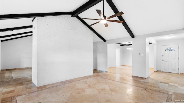 interior space featuring ceiling fan, beamed ceiling, and baseboards