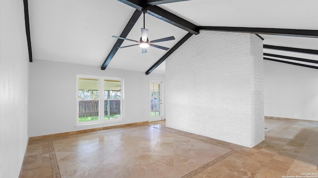 spare room with beam ceiling, a ceiling fan, brick wall, high vaulted ceiling, and baseboards