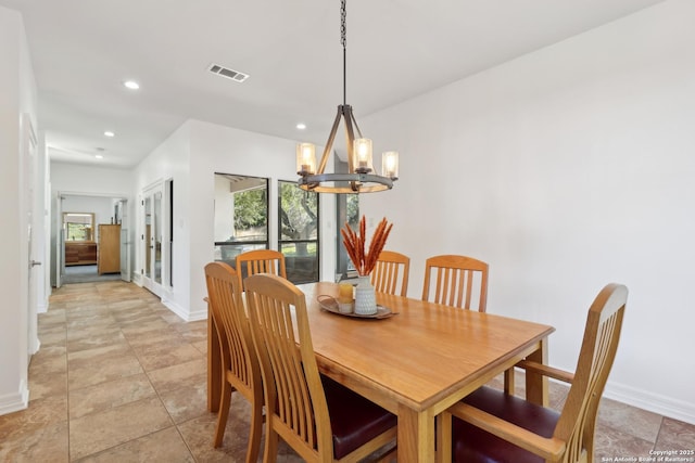 dining area with plenty of natural light, visible vents, a chandelier, and recessed lighting