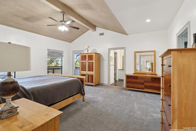 bedroom with vaulted ceiling with beams, visible vents, carpet flooring, ceiling fan, and baseboards