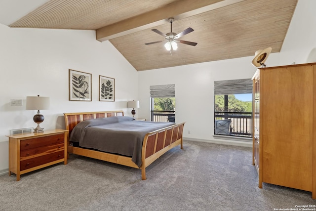 carpeted bedroom with visible vents, wooden ceiling, ceiling fan, vaulted ceiling with beams, and access to exterior