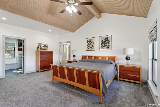 carpeted bedroom with recessed lighting, lofted ceiling with beams, a ceiling fan, wooden ceiling, and baseboards