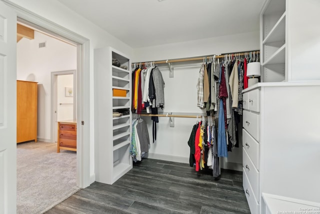 spacious closet with dark wood finished floors