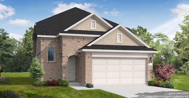 traditional-style house with a front lawn, brick siding, driveway, and a garage