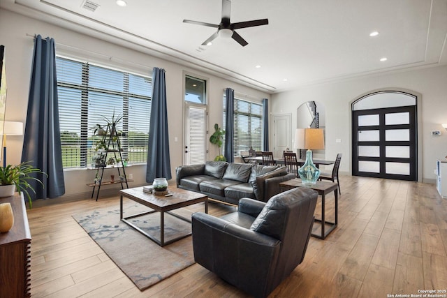 5219 Breeze Way, San Antonio, TX 78249 - living room featuring ceiling fan, light wood finished floors, recessed lighting, and baseboards