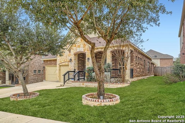 view of front of property featuring stone siding, brick siding, driveway, and a front lawn