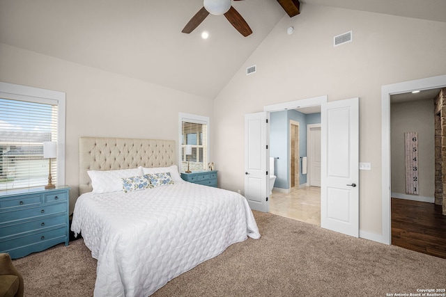 bedroom with light carpet, high vaulted ceiling, beamed ceiling, and visible vents