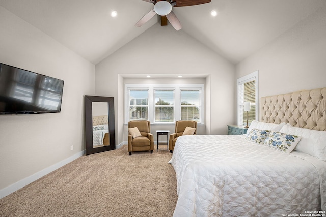 carpeted bedroom with high vaulted ceiling, recessed lighting, baseboards, and a ceiling fan