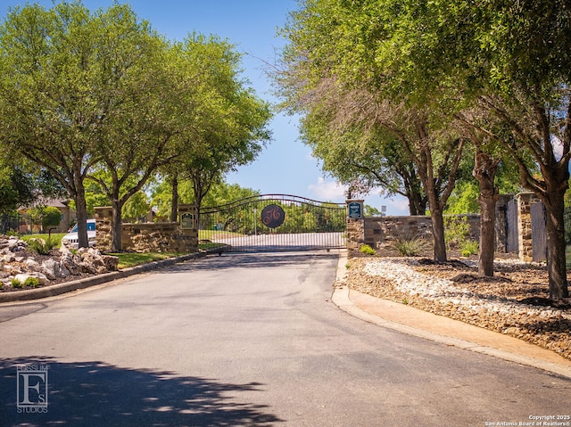 view of road with a gate, a gated entry, and curbs