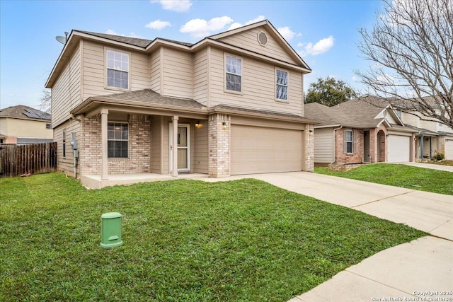 traditional-style house with a garage, brick siding, fence, concrete driveway, and a front yard