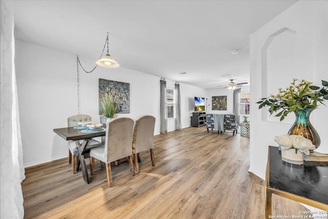 dining room with ceiling fan, baseboards, and wood finished floors