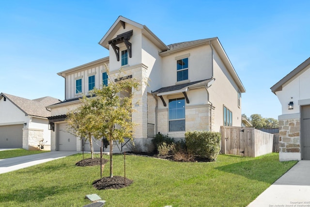 view of front facade with stucco siding, stone siding, concrete driveway, a front yard, and an attached garage