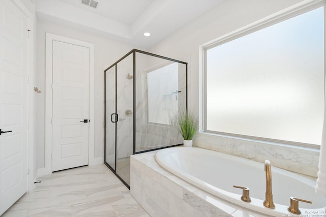 full bathroom featuring visible vents, a garden tub, marble finish floor, recessed lighting, and a marble finish shower