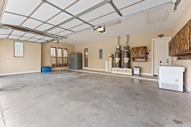 garage with refrigerator, water heater, baseboards, and a garage door opener