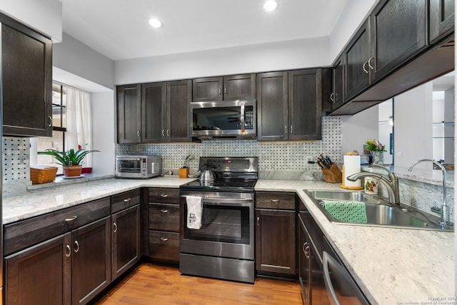 kitchen featuring stainless steel appliances, light wood finished floors, backsplash, and a sink