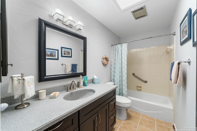 bathroom with visible vents, toilet, tile patterned floors, shower / bathtub combination with curtain, and vanity