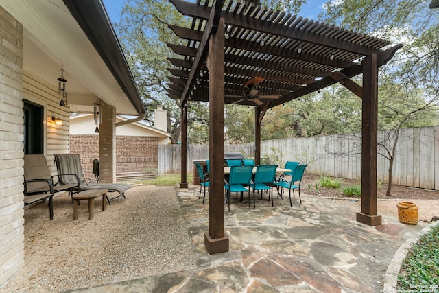 view of patio / terrace featuring outdoor dining area, a fenced backyard, and a pergola