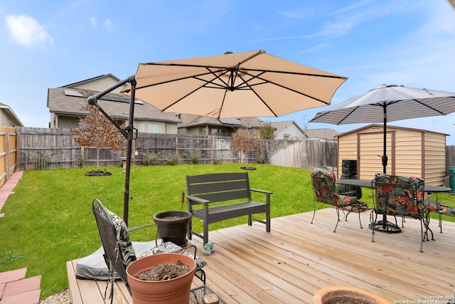 deck with a fenced backyard, a storage unit, an outdoor structure, and a yard