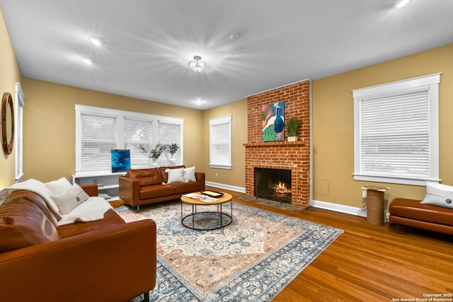 living room with a fireplace, baseboards, and wood finished floors