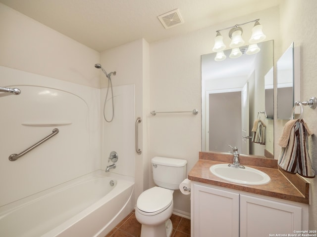 bathroom featuring shower / tub combination, toilet, vanity, visible vents, and tile patterned floors