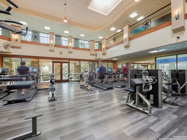 exercise room featuring a towering ceiling and french doors