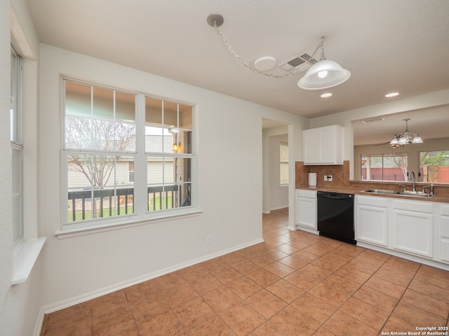 kitchen with pendant lighting, decorative backsplash, white cabinetry, a sink, and dishwasher