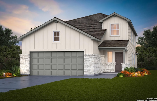 modern farmhouse with a garage, stone siding, a shingled roof, and board and batten siding