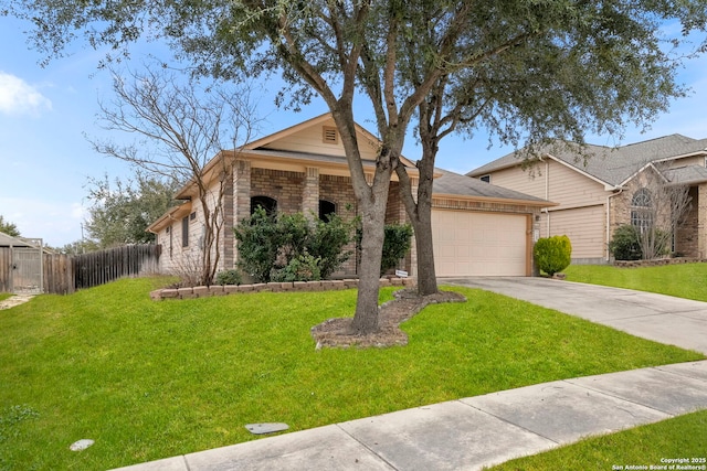 view of front of home featuring an attached garage, brick siding, fence, concrete driveway, and a front yard