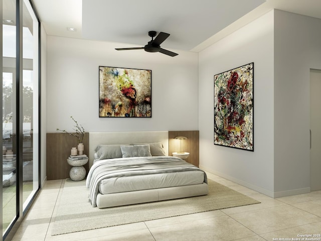 bedroom with expansive windows, ceiling fan, and baseboards