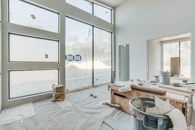 bathroom with a towering ceiling