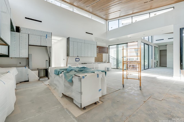 kitchen featuring concrete floors, modern cabinets, and a high ceiling