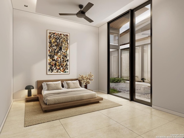 bedroom featuring light tile patterned floors, a ceiling fan, baseboards, access to outside, and a wall of windows