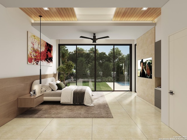 bedroom featuring access to exterior, wooden ceiling, light tile patterned flooring, and ceiling fan