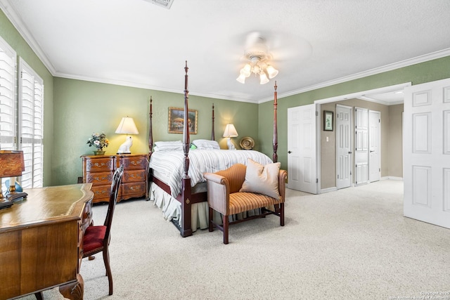 bedroom featuring light carpet, baseboards, a ceiling fan, and crown molding