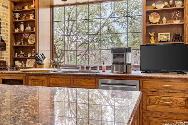 kitchen featuring stainless steel dishwasher, plenty of natural light, brown cabinetry, and a sink