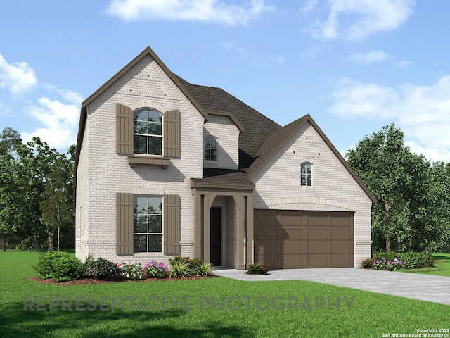 french country inspired facade featuring driveway, brick siding, and a front lawn