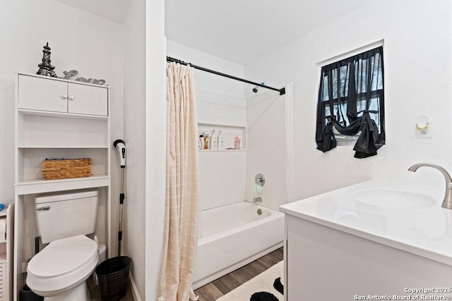 full bath featuring vanity, shower / bathtub combination with curtain, toilet, and wood finished floors