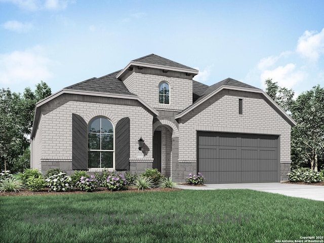 french country style house with a front lawn, an attached garage, and brick siding