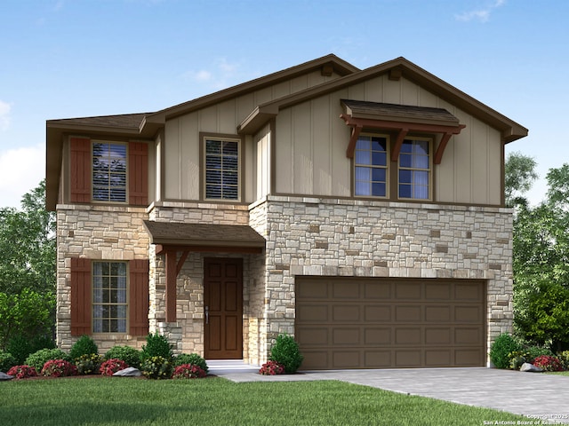 view of front of property featuring an attached garage, stone siding, driveway, and board and batten siding