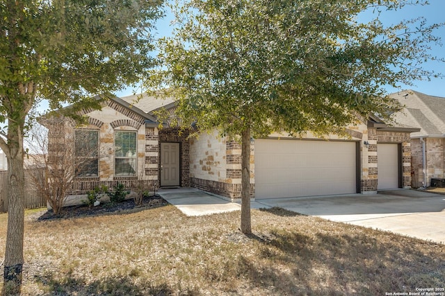 view of front facade featuring brick siding, a shingled roof, concrete driveway, an attached garage, and stone siding